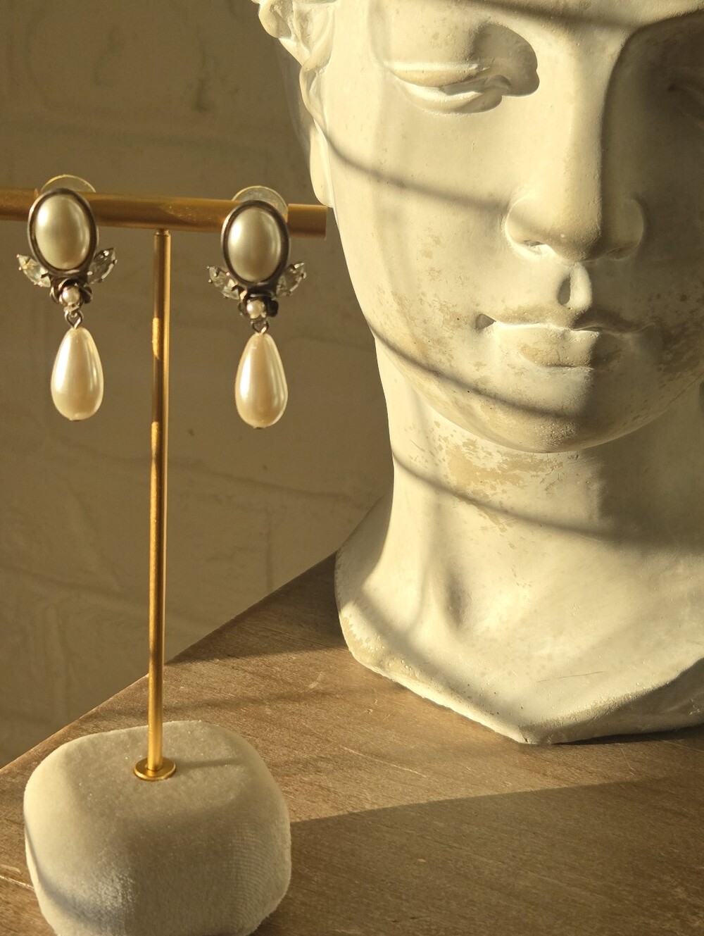 Vtg 90s Pearl Drop Marquise Rhinestone Earrings